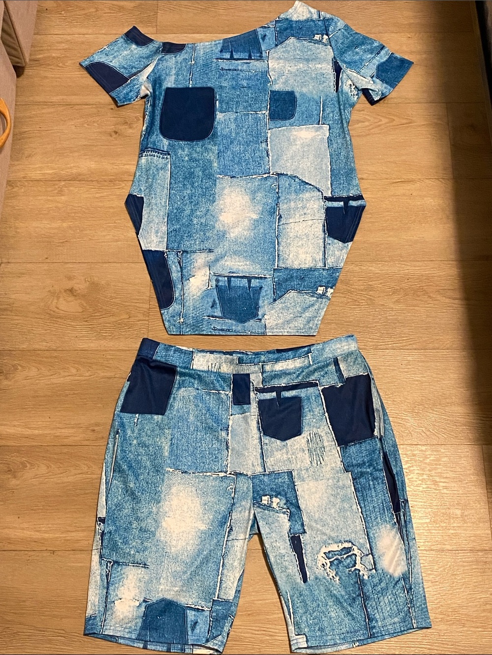 Blue Denim Patchwork Print 2-Piece Set Y2K Co-Ord Shorts Top